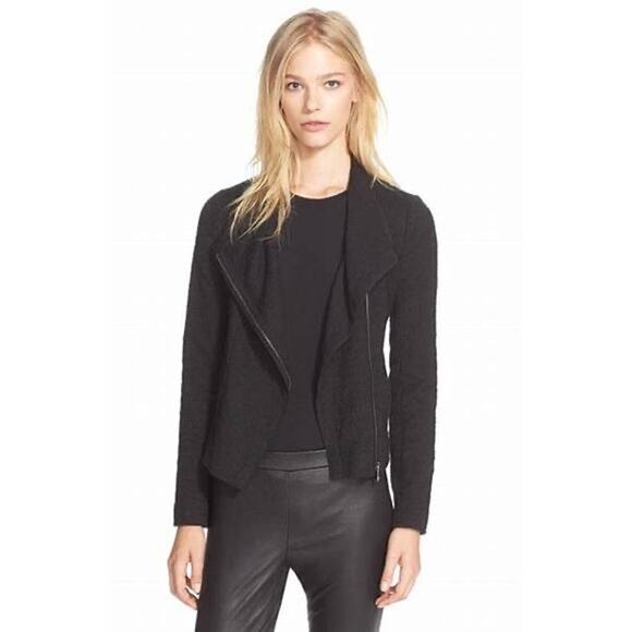 VINCE Stretch Frise Asymmetrical Zip Black Blazer Jacket Size Small - Picture 1 of 9